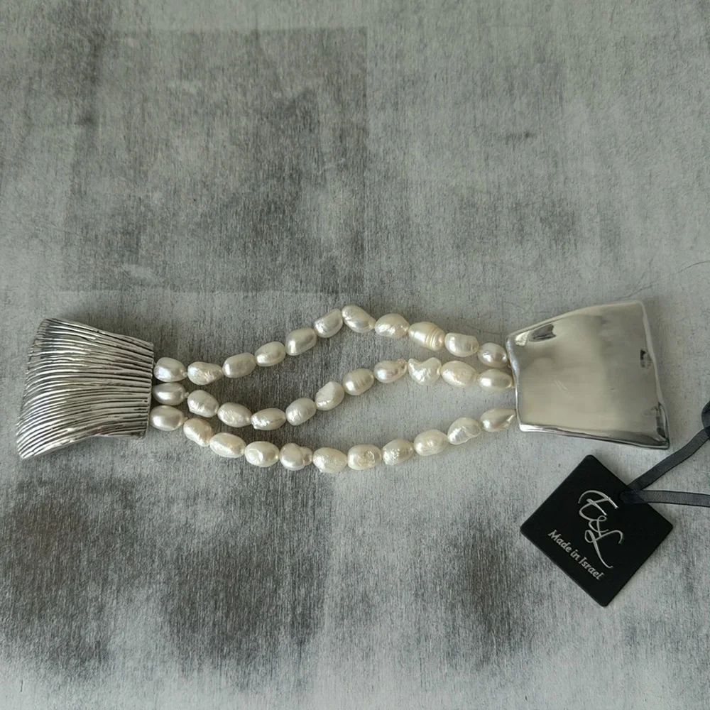 E&L 925 Sterling Silver Israel Fresh Water Pearl Electroform Magnetic Bracelet
